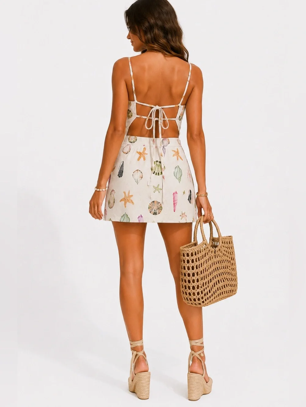 Seashell print matching set linen look XS S Coastal euro summer vacation resort